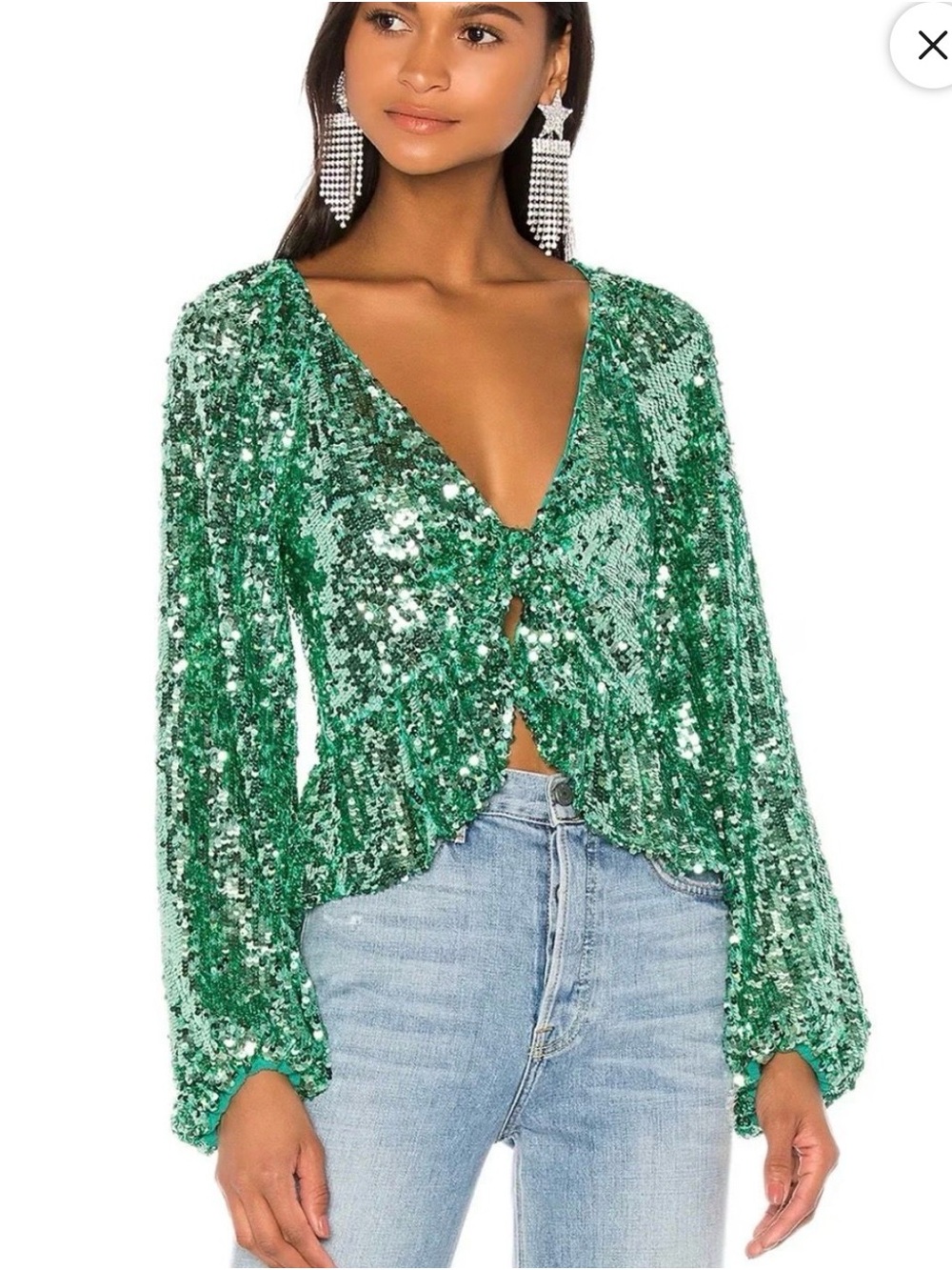$163 sold out For Love And Lemons Emerald Green Sequin Tie-Front Blouse